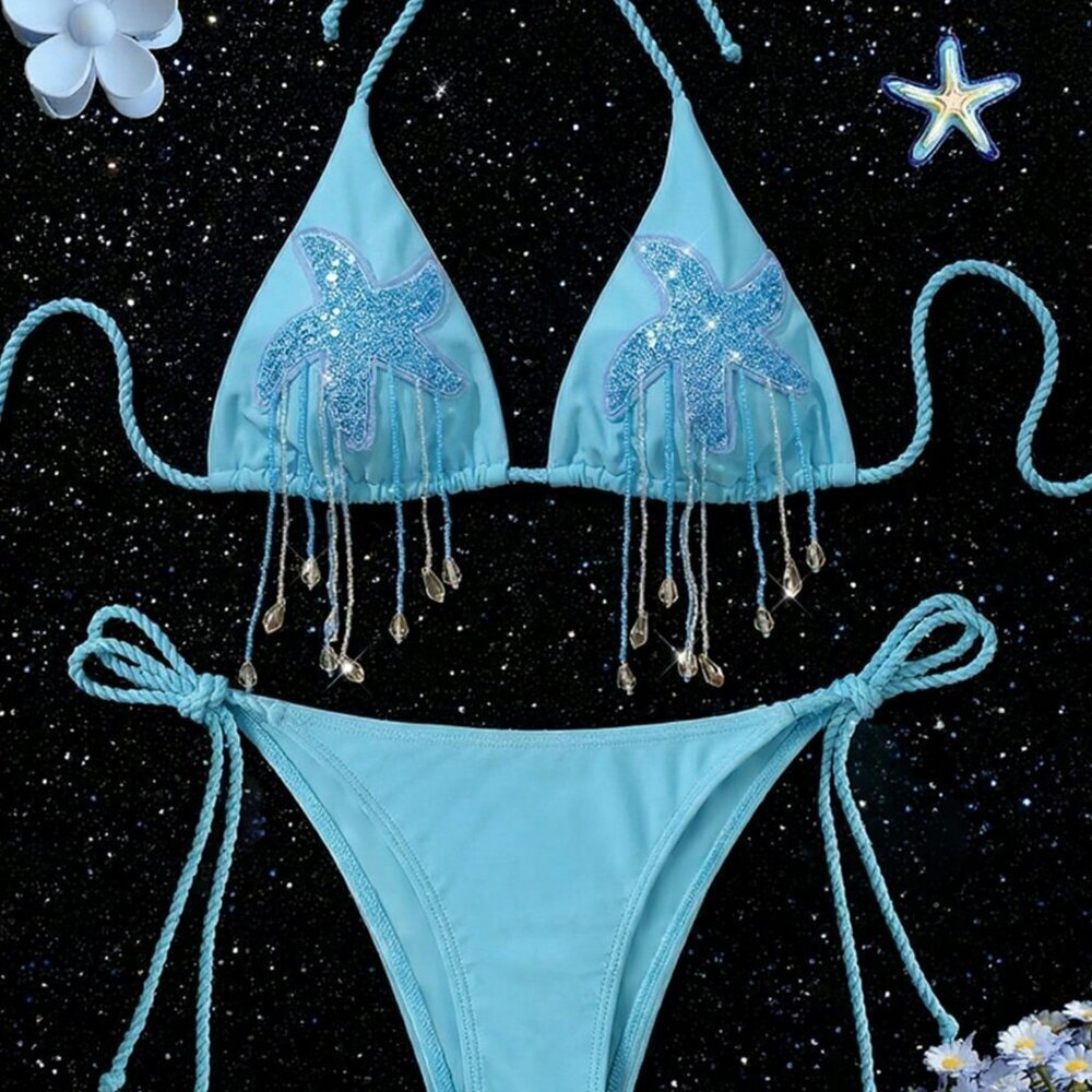 Blue Elegant Women's Beaded Starfish Crochet Bikini - Picture 3 of 5